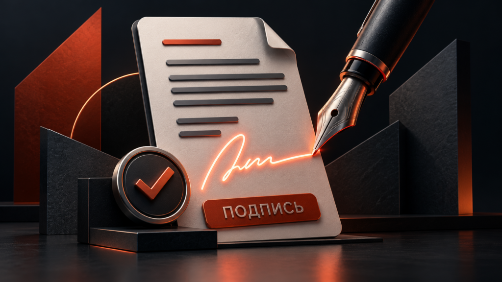Электронный документ, перо и отметка подтверждения подписи