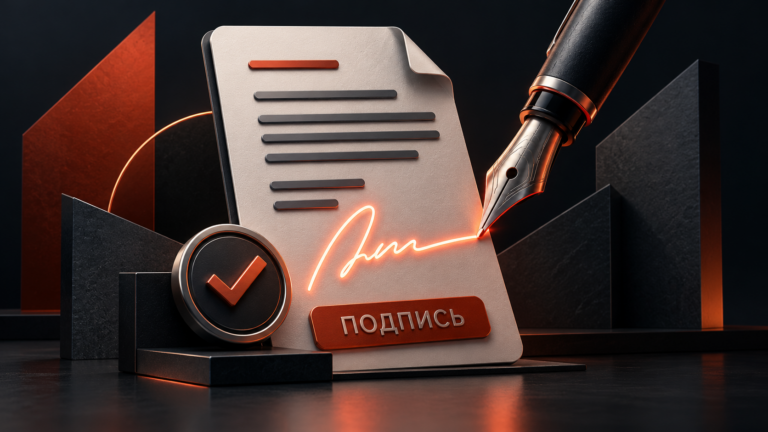 Электронный документ, перо и отметка подтверждения подписи