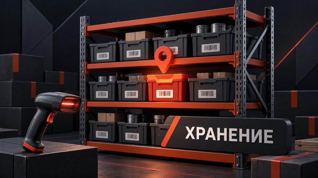 Адресное хранение: ячейки склада, метка расположения и сканер